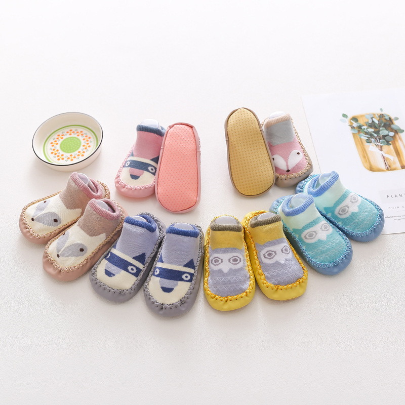 Calcetines para niños, zapatos de algodón peinado para bebés, calcetines con suela blanda con diseño de búho para niños, calcetines con suela de cuero, zapatos para bebés.