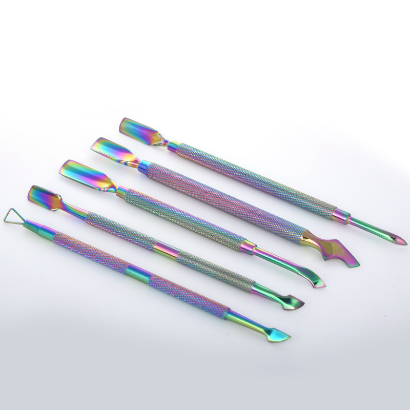 Suministrado directamente por el fabricante, lima de uñas de doble cabeza Temu, removedor de cutículas, empujador de acero para manicura, juego de herramientas transfronterizo, juego completo, titanio de color.