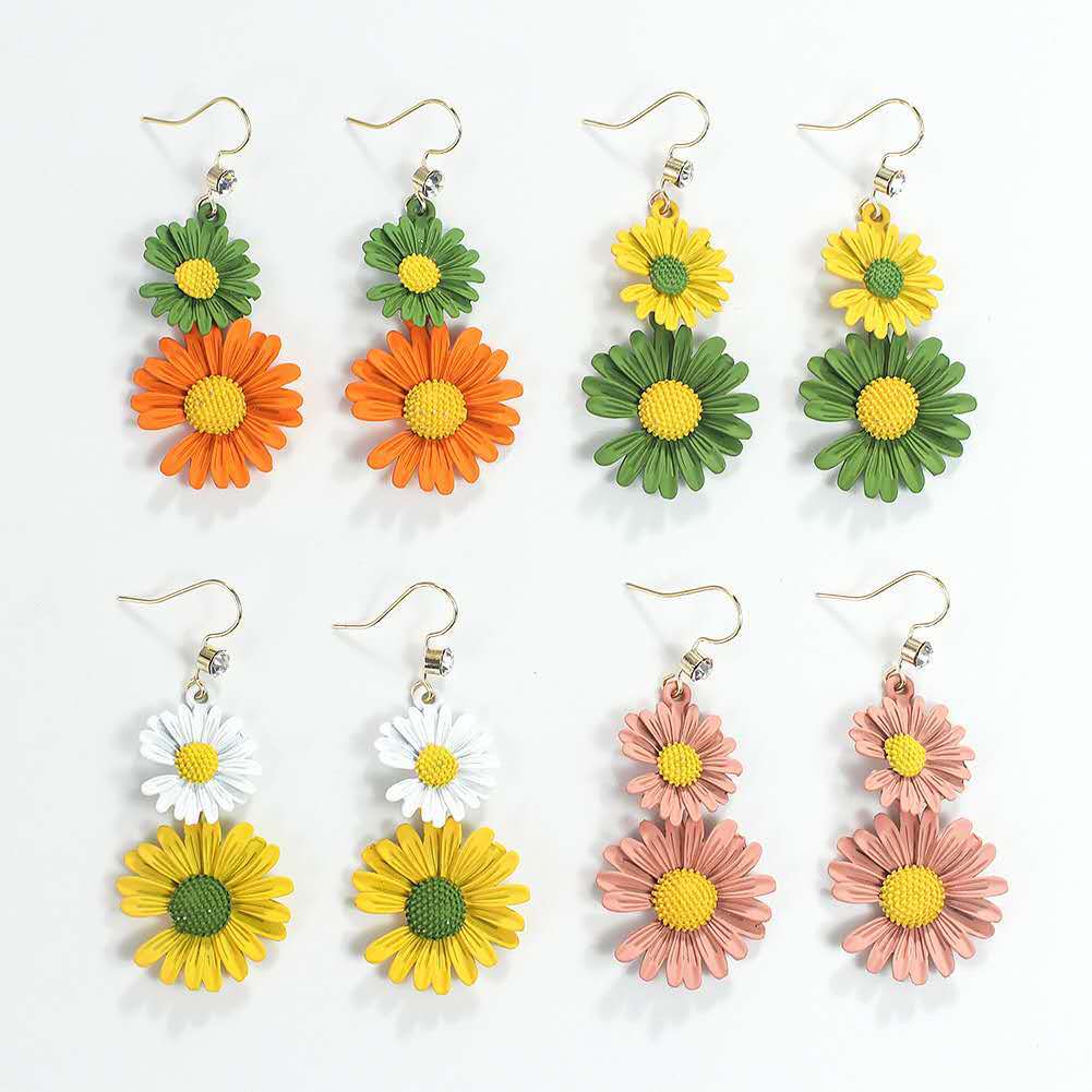 작은 데이지 귀걸이 이어 훅이 달린 Quan Zhilong 길고 슬림 한 신선한 현-꽃 귀걸이 머리카락 세대