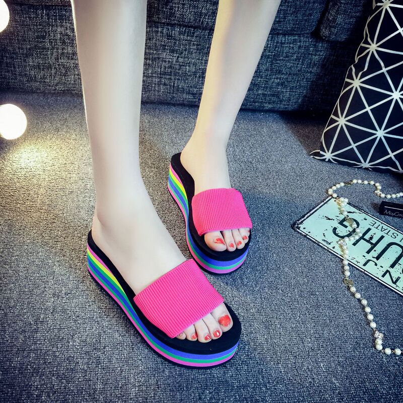 Summer New Beach Shoes Women's Thick-soled Strapless Korean Style Seaside High Heel Sandals Wedge Rainbow Non-slip Women's Shoes