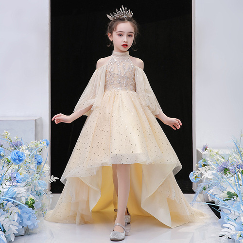 Children's Formal Wear 2024 New Bridal Gown Short Front Long Train Model Girl Child Fashion Show Performance Dress European and American Princess Dress