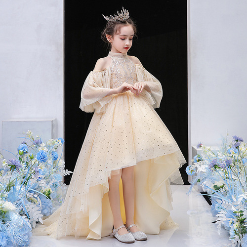 Children's Formal Wear 2024 New Bridal Gown Short Front Long Train Model Girl Child Fashion Show Performance Dress European and American Princess Dress