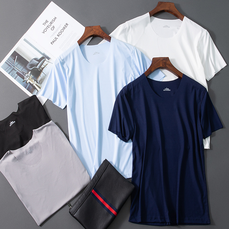 Men's Ice Silk Thread T-shirt Youth Large Size Round Neck Short-sleeved Knitted Base Shirt Summer Fitness Quick-drying Top t