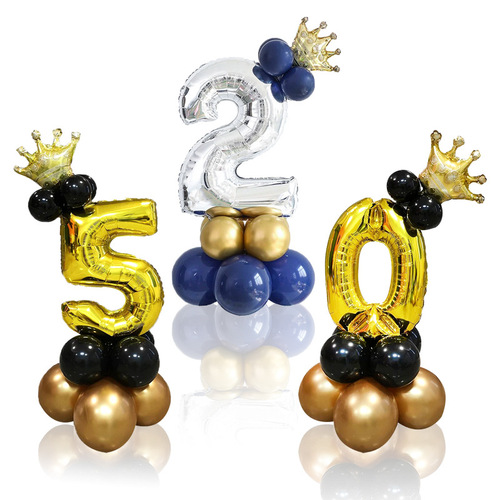 Cross-border 32-inch digital column black gold crown balloon birthday decoration party road aluminum film balloon