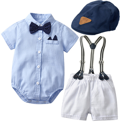 Summer new children's suit, baby boy, gentleman's khaki suit, short-sleeved shorts, romper + hat on behalf of