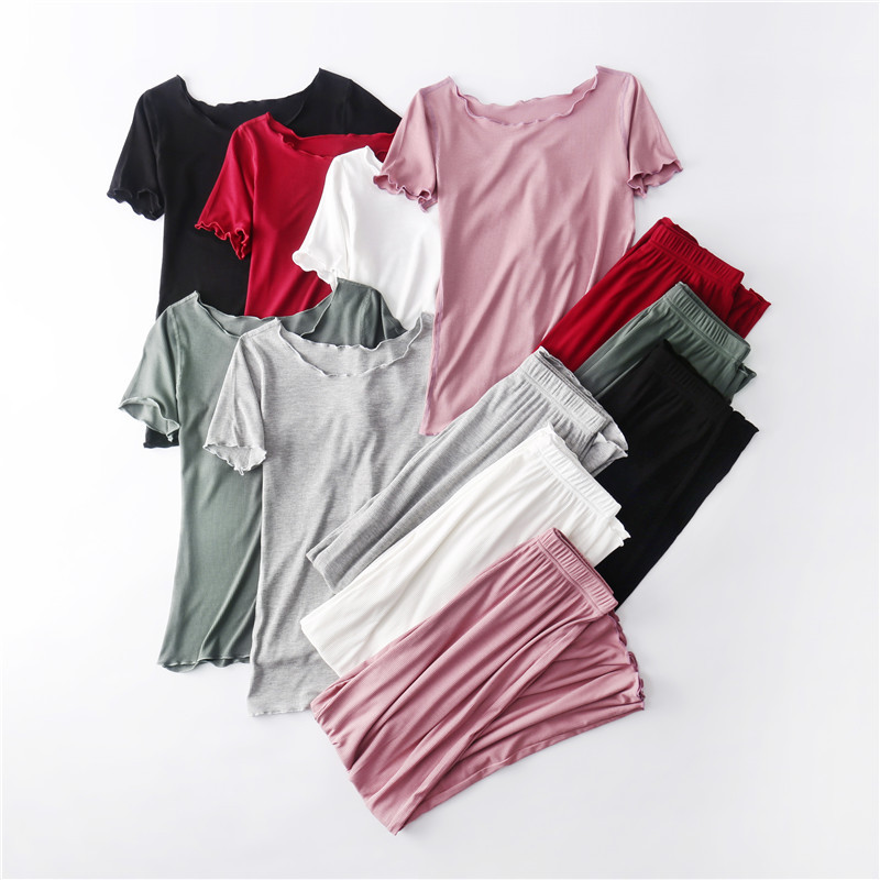 Summer Modal Women's Rib Short-sleeved Pants Set Casual Thin Comfortable Home Clothes Base T-shirt Top
