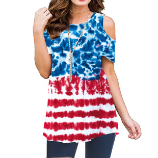 2023 Summer Amazon New Printed Shoulder Short-sleeved Pullover Women's Casual Base Shirt Top T-shirt 25 Color