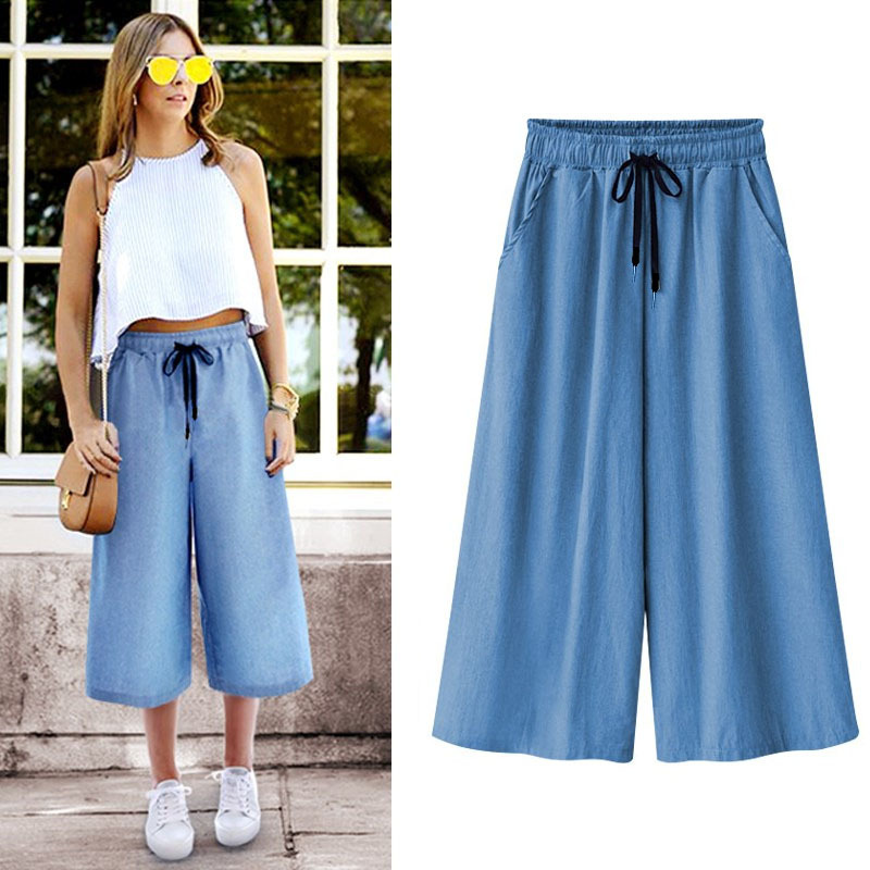 2022 European and American foreign trade original single large size women's fat MM tether ultra-thin fabric elastic waist casual denim cropped pants