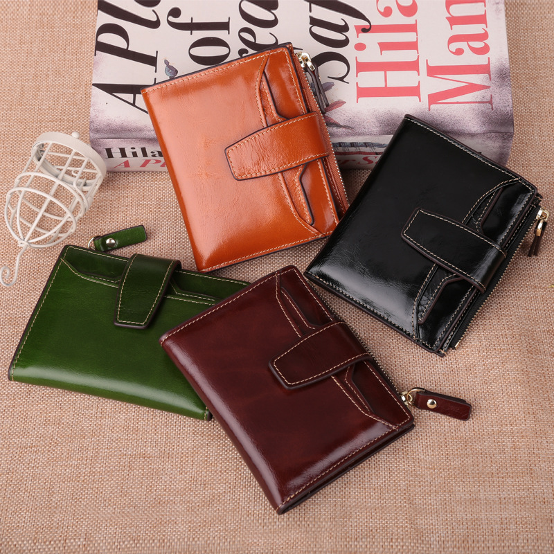 Cross-border supply foreign trade RFID genuine leather women's wallet short vintage oil wax two-fold drawstring wallet coin purse