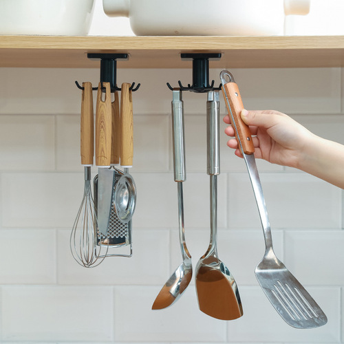 Kitchen and bathroom ceiling wall hanging 6-claw 360-degree rotatable hook, nail-free, traceless sticker, kitchen utensils, spatulas and spoons hanger