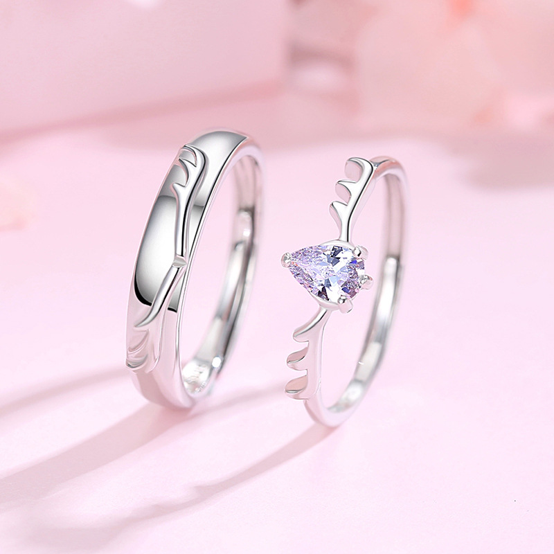 S925 un ciervo tiene su anillo de pareja cornamenta en forma de gota ZIRCON par anillo nicho diseño sentido regalo para la novia