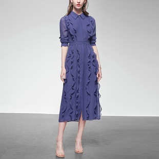New Women's Wear Ruffled Chiffon Long Dress Fairy Elegant Shirt Skirt Long Sleeve Mid-length dress