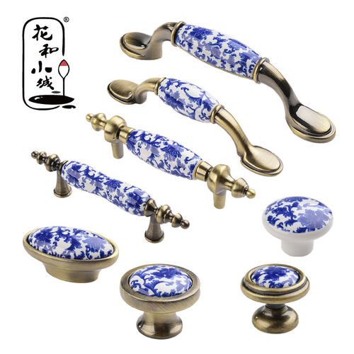 Blue and White Porcelain Ceramic Pull Handle - New Chinese Style Solid Wood Cabinet, Dresser, Shoe Cabinet, Curio Cabinet, Drawer, Single Hole Round Door Handle