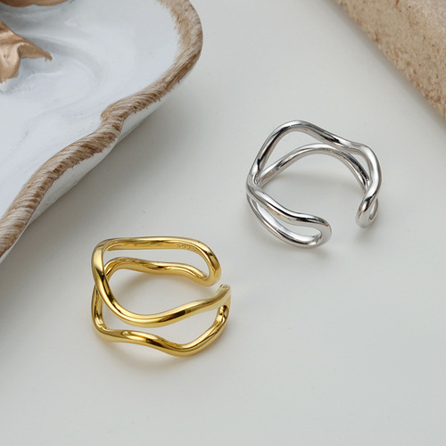 J1065 niche design ins style S925 sterling silver irregular curve double layer ring open index finger ring for women