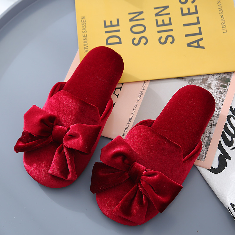 Factory direct velvet bow girls cotton slippers a generation of non-slip flat parent-child warm slippers Factory direct velvet bow girls cotton slippers a generation of non-slip flat parent-child warm slippers