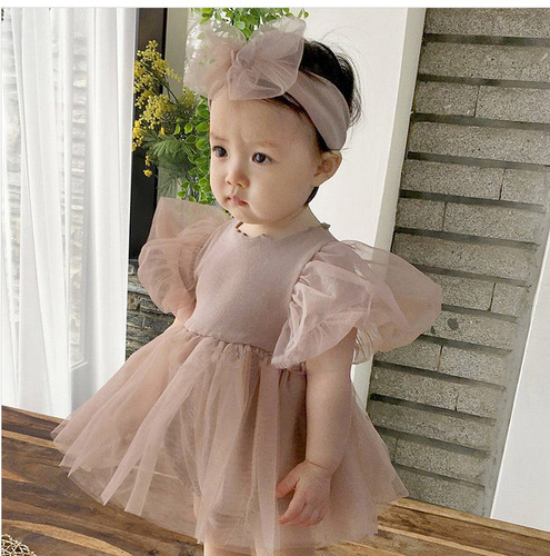 Summer new product Korean version of Centennial Banquet Princess short-sleeved rompers for baby girls puff-sleeved tulle skirt