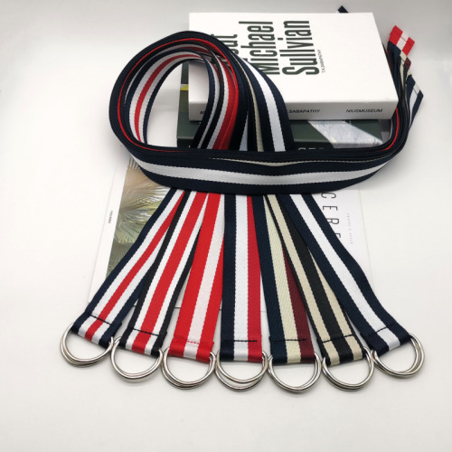 Canvas belt for women striped double ring buckle versatile casual sports retro tactical military training elastic decorative belt for women