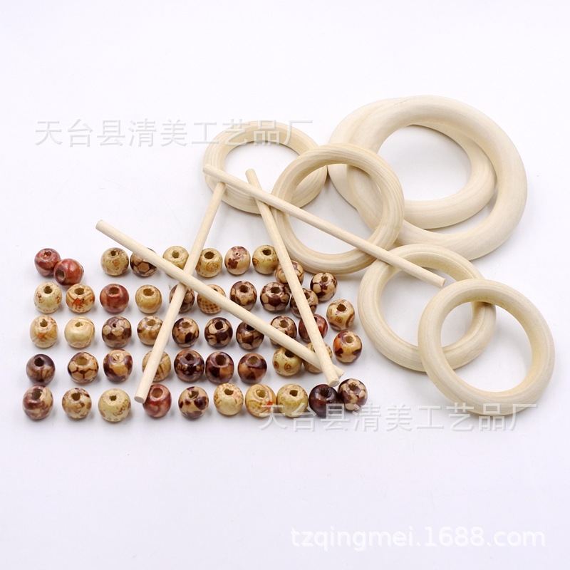 Anillo decorativo de madera con cuerda de algodón y cuentas de flores de madera DIY anillo de madera colgante decoración 61 piezas para un conjunto