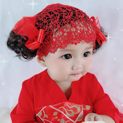 Girls wig headband, baby headwear, hair net, 100th anniversary photoshoot, bow hair accessories, embroidered bangs