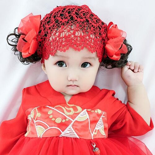 Girls wig headband, baby headwear, hair net, 100th anniversary photoshoot, bow hair accessories, embroidered bangs