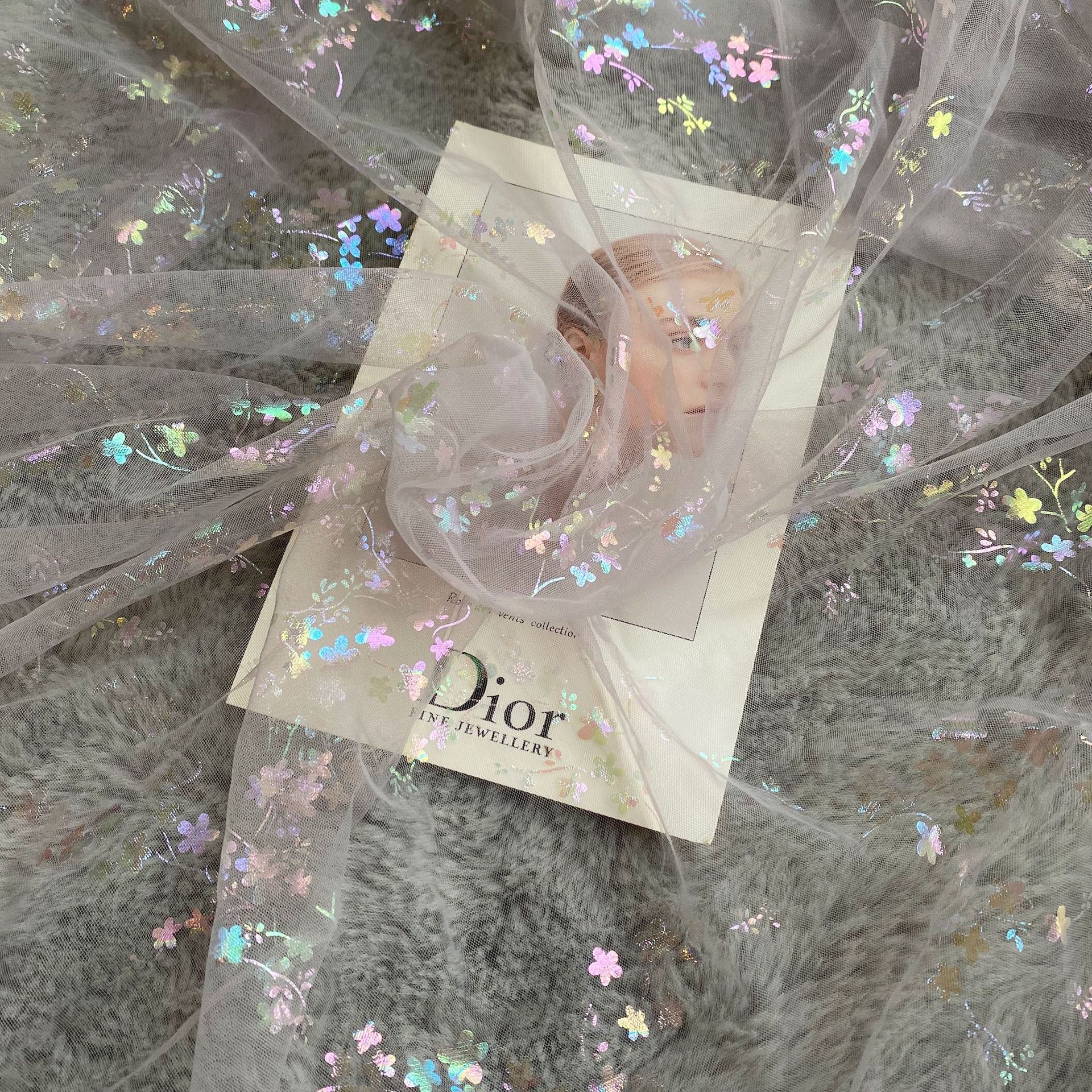 新款网眼布七彩烫金幻彩小花多色网纱童装洛丽塔礼服仙气汉服面料