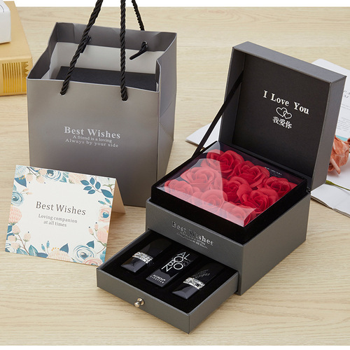 Rose Bouquet Gift Box 9 Flowers Double Drawer Lipstick Necklace Ring Earrings Valentine's Day Birthday Gift Jewelry Box