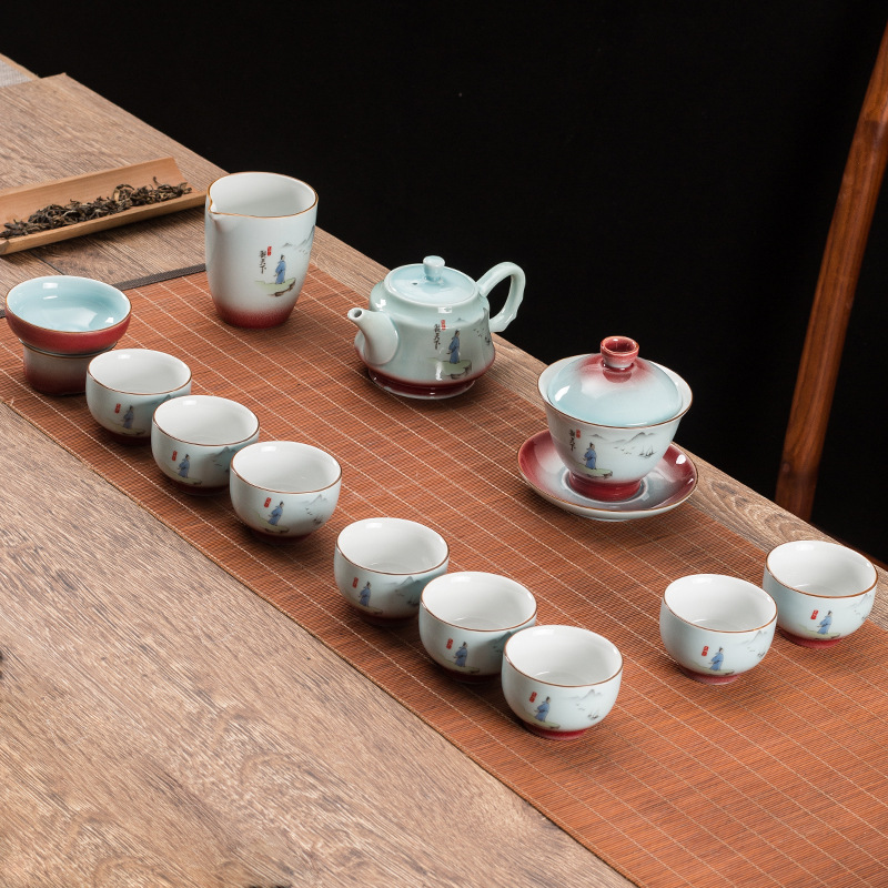 盖碗茶壶茶具套装logo 八杯山水陶瓷功夫茶具批发礼品瓷器