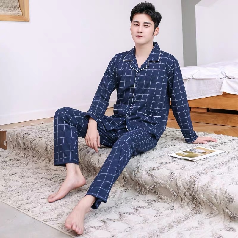 Pijamas hombres de manga larga 100% algodón primavera y otoño hombres jóvenes de mediana edad traje de invierno homewear