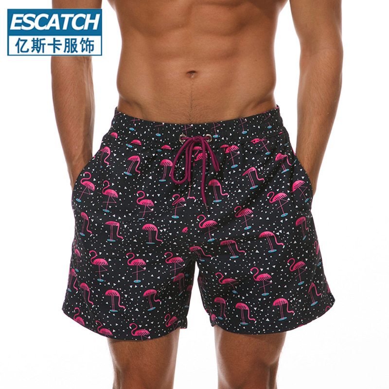 ESCATCH men's tropical print drawstring swimming trunks Flamingo Beach pants plus size shark beach pants