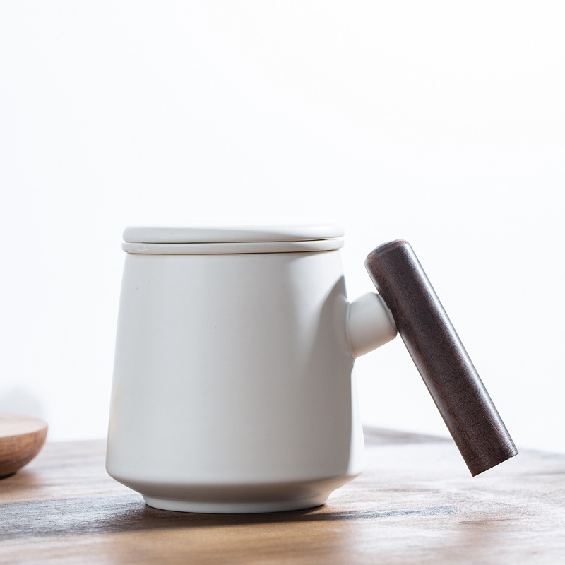 Taza de cerámica con mango de madera con cubierta de té, taza de té de flores, taza de agua, caja de regalo, bolsa, conjunto de grabado