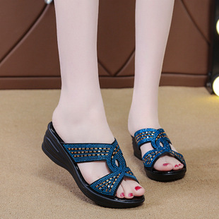 2025 Sandals and Slippers Women's Summer Moms Shoes Rhinestone Korean-style Hollow One-character Wedge Heel Fish-mouth Foreign Trade plus size