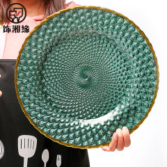 創意ins金邊玻璃盤子 家用創意祖母綠水果甜品點心沙拉牛排西餐盤