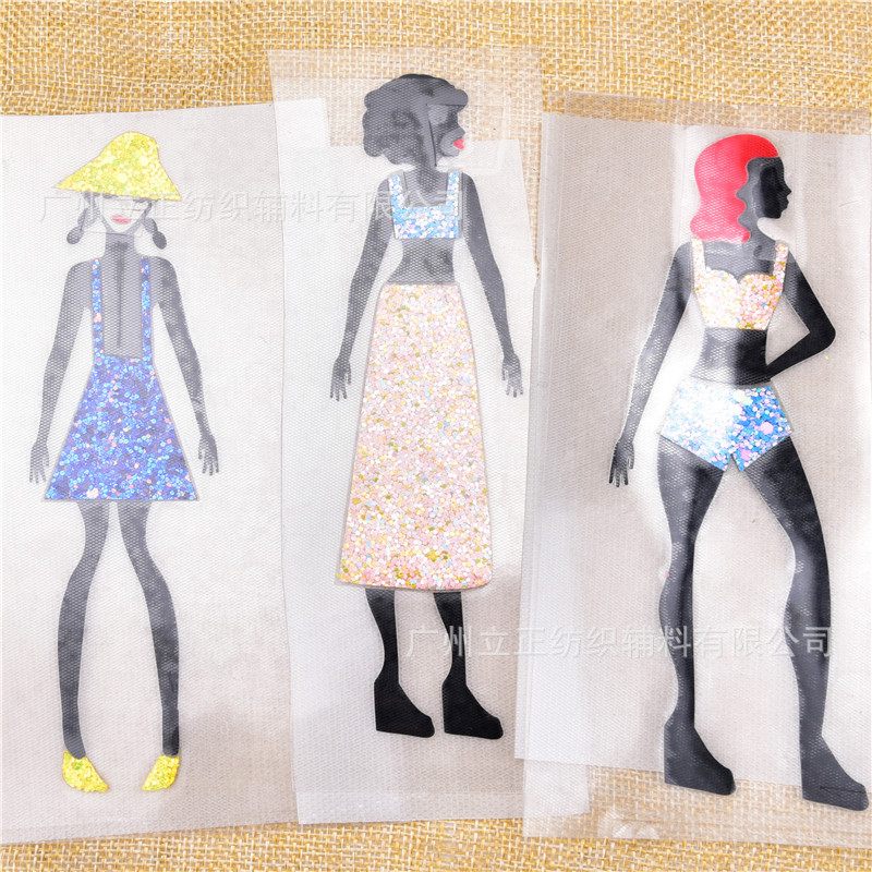 批发 金葱粉时尚卡通女孩贴图 欧美服饰装饰 鞋包辅料 带背胶