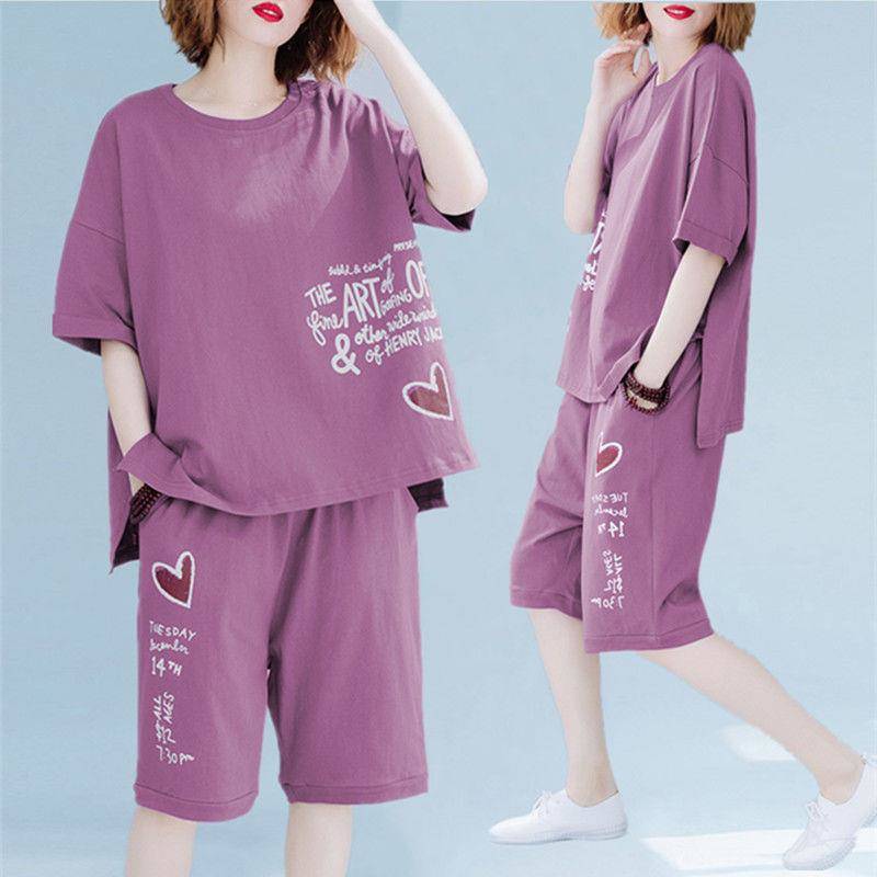 2026 Plus Size Women's Summer Short-Sleeved T-Shirt Women's Slimming Loose Suit Shorts Two-Piece Set Korean Casual Style