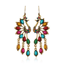 创意复古孔雀民族风镂空耳坠 个性欧美耳饰 墨绿镶钻合金耳环批发