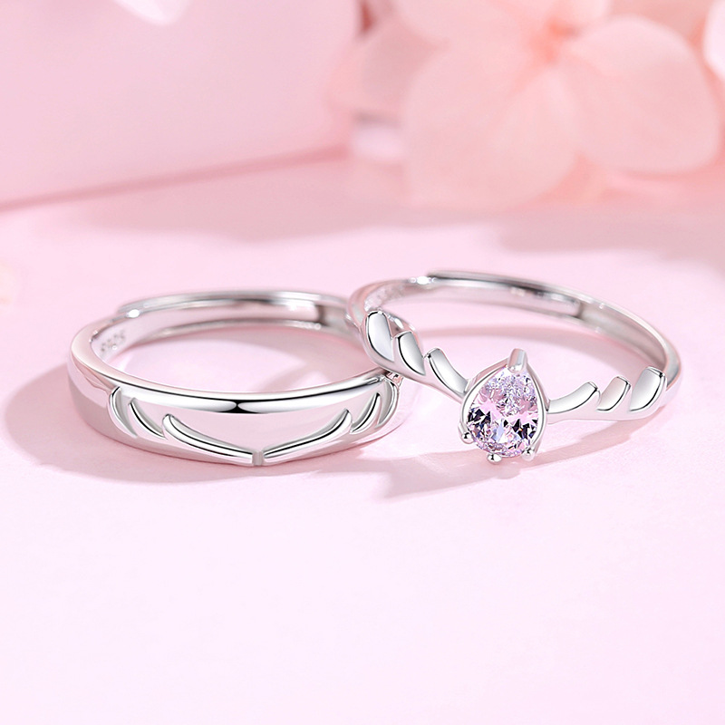 S925 un ciervo tiene su anillo de pareja cornamenta en forma de gota ZIRCON par anillo nicho diseño sentido regalo para la novia