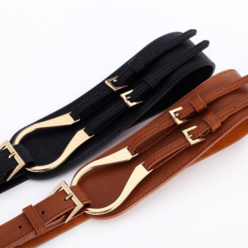 Autumn and winter genuine leather oblique buckle women's wide girdle women's decorative belt with sweater skirt Korean style fashion black brown