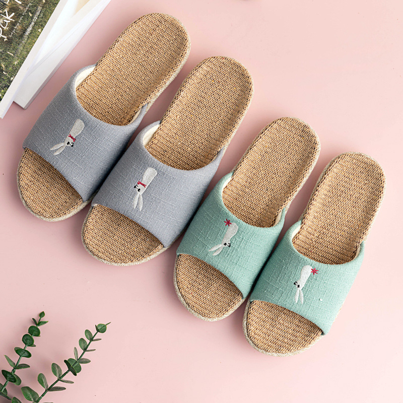 A family of three home parent-child cotton and linen thick-soled slippers indoor floor light mute cartoon cute comfortable linen