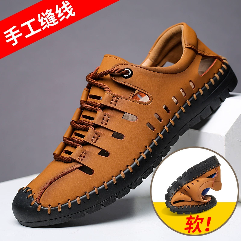 Летние сандалии мужские кожаные полые отверстия