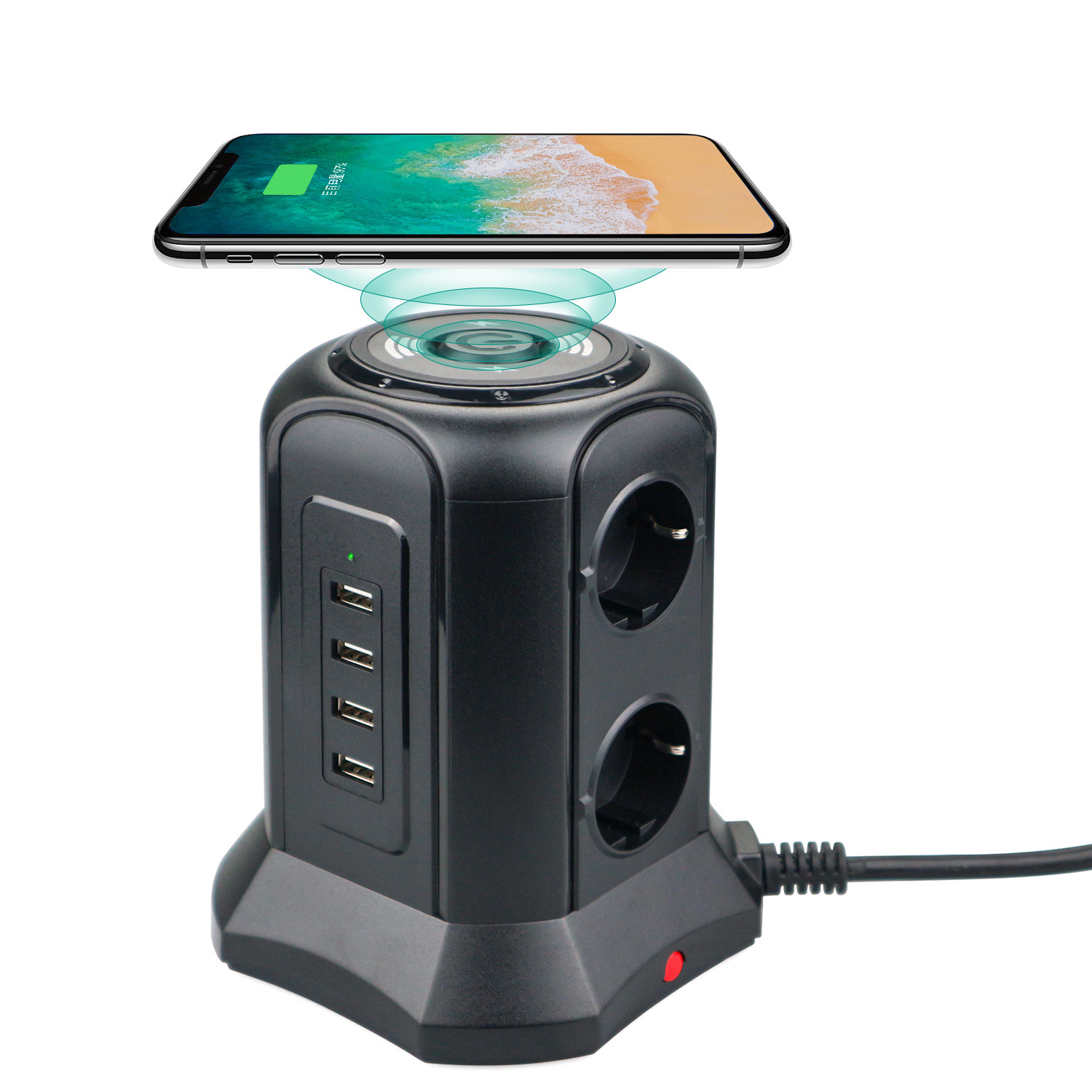 立体款无线充欧规塔形插座  防雷防过载保护智能USB插座