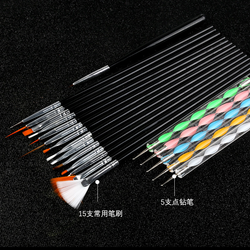 Cepillo de uñas 20 unids pintado fototerapia punto taladro pluma 15 unids varilla blanca + 5 unids espiral varilla punto taladro pluma herramienta traje