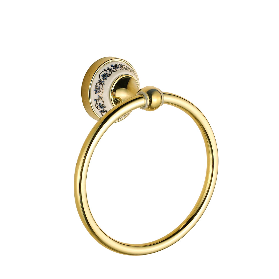 Shengruijia baño hardware colgante chapado en oro azul y blanco porcelana toallero anillo de acero inoxidable anillo de toalla de cerámica