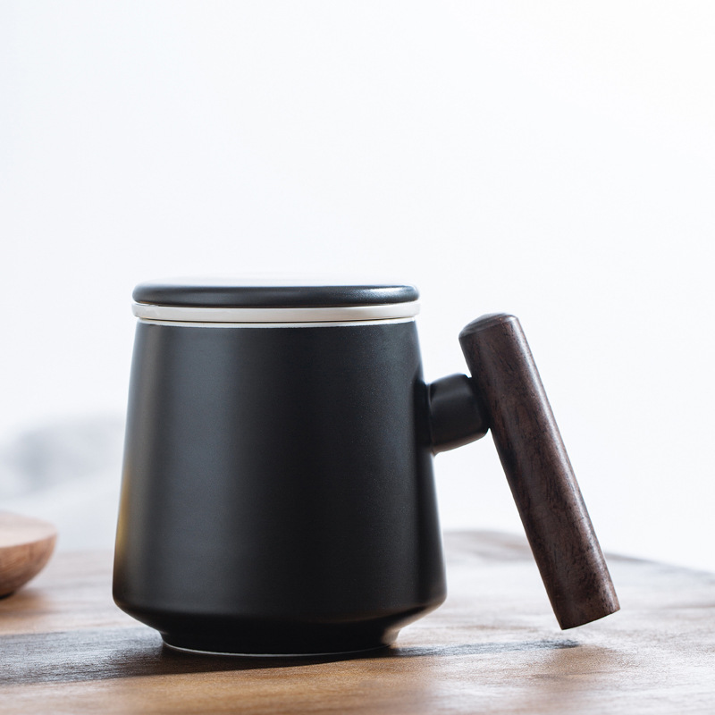 Taza de cerámica con mango de madera con cubierta de té, taza de té de flores, taza de agua, caja de regalo, bolsa, conjunto de grabado