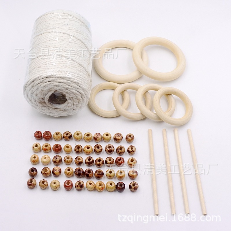 Anillo decorativo de madera con cuerda de algodón y cuentas de flores de madera DIY anillo de madera colgante decoración 61 piezas para un conjunto
