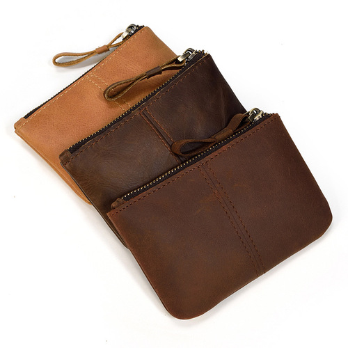 Retro Crazy Horse Leather Coin Purse Genuine Leather Men's and Women's Casual Small Wallet First Layer Cowhide Zipper Small Money Bag Cross-Border Exclusively Available