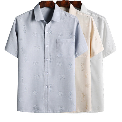 Middle and old age Tang costume Short sleeved Chinese style summer Lapel Flax shirt Chinese style Cotton and hemp shirt Buddhist clothes shirt