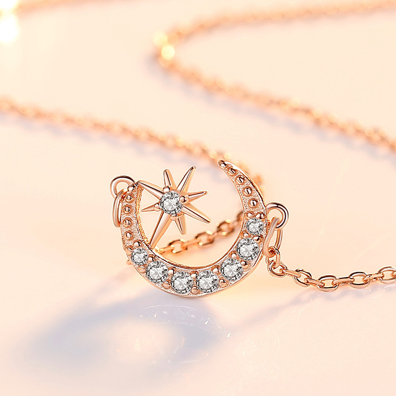 Celebridad en línea Singapur S925 plata esterlina brillante estrella Luna COLLAR COLGANTE nicho simple diseño Luna clavícula cadena femenina