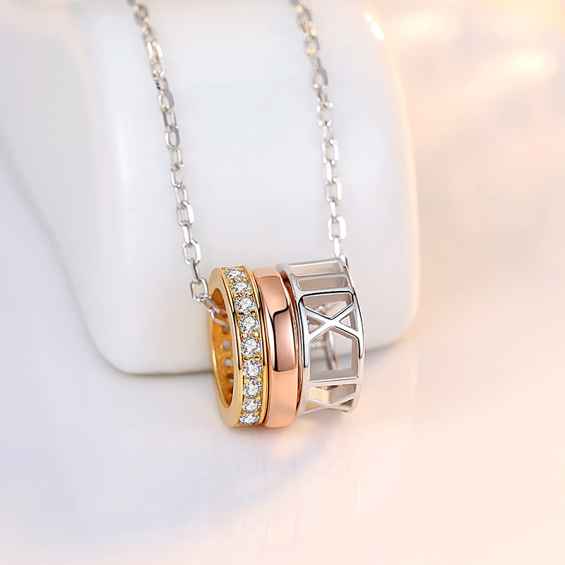 Celebridad en línea Singapur S925 plata esterlina romana collar digital colgante círculo simple diamante-incrustado anillo clavícula cadena femenina