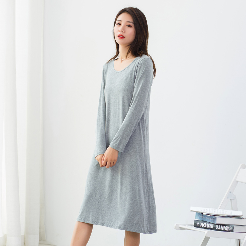 莫代尔睡裙女士薄款打底长袖连衣裙春夏宽松大码睡衣居家服打底裙