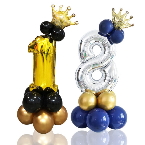 Cross-border 32-inch digital column black gold crown balloon birthday decoration party road aluminum film balloon